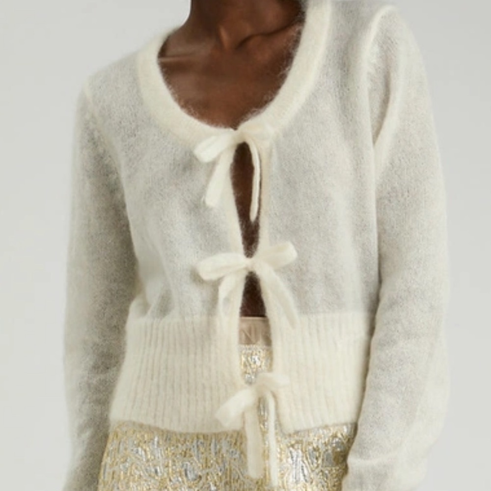 Ganni Mo-Hair Tie Front Cardigan in Ivory Medium
